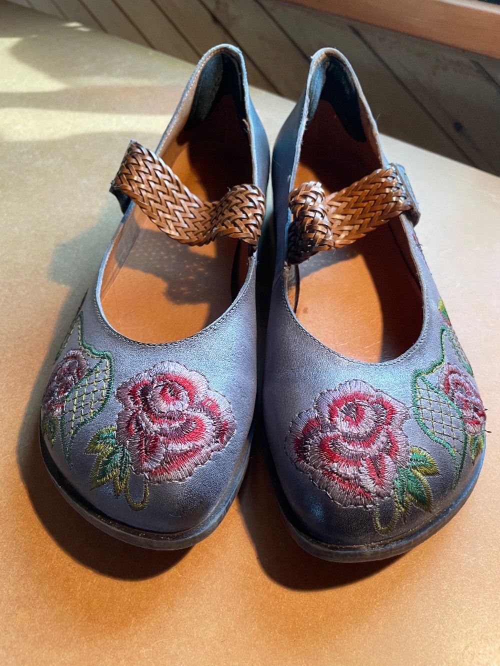 Embroidered Blue-Grey Mary Jane Flats with Braided Straps - Size EU40
